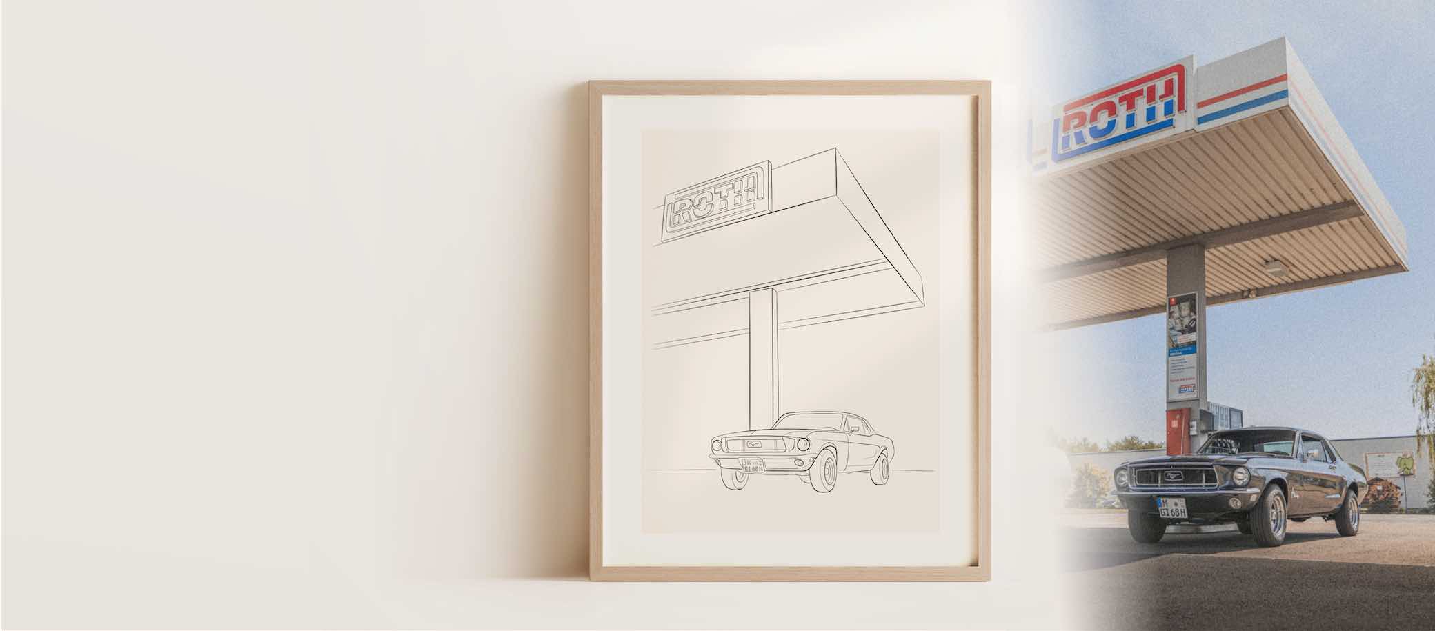 Line Art drawing of an old Ford Mustang at a gas station next to the original photo.