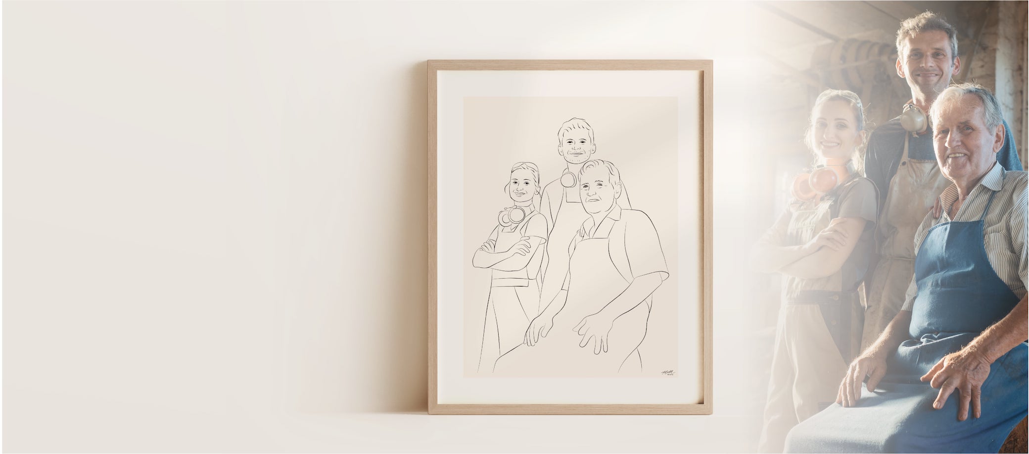 Line Art drawing of a team of carpenters with young and old colleagues