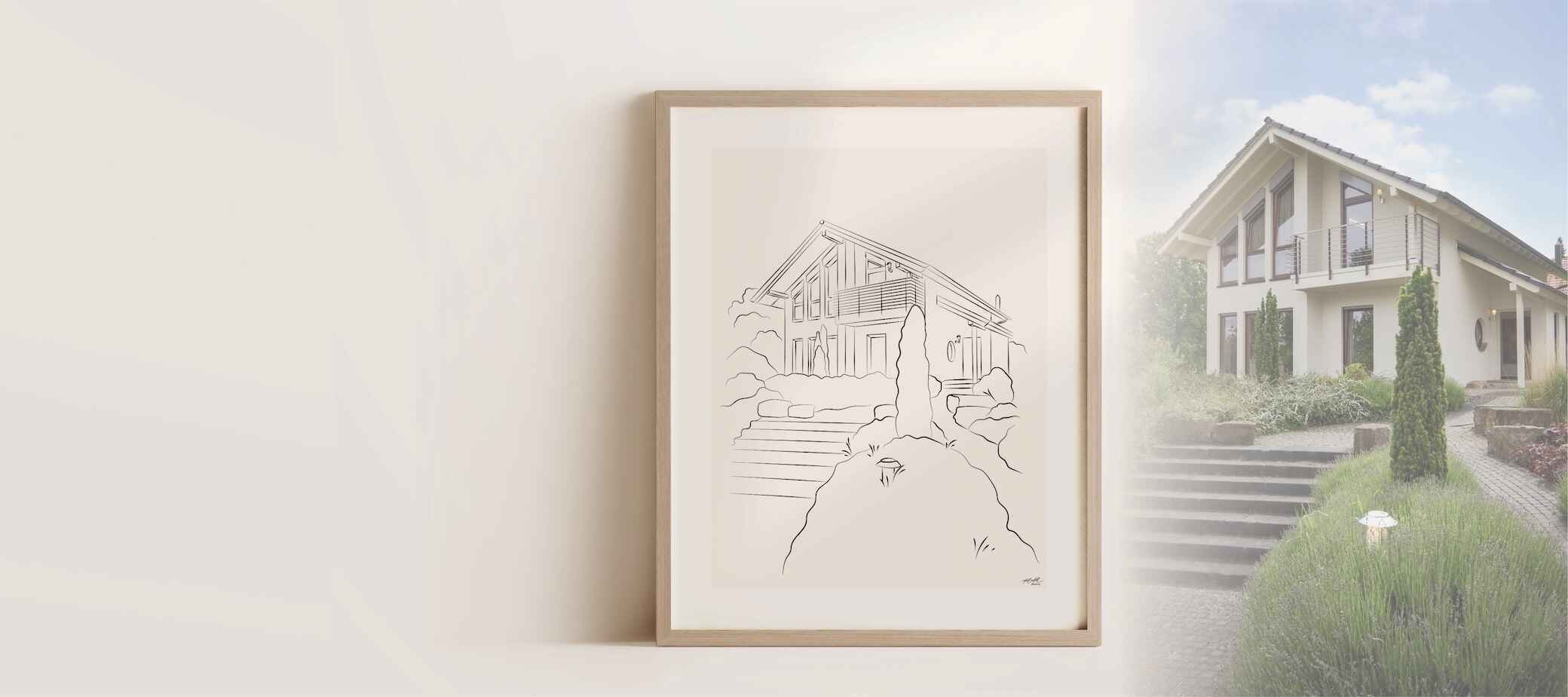 A modern single-family home, drawn in Line Art