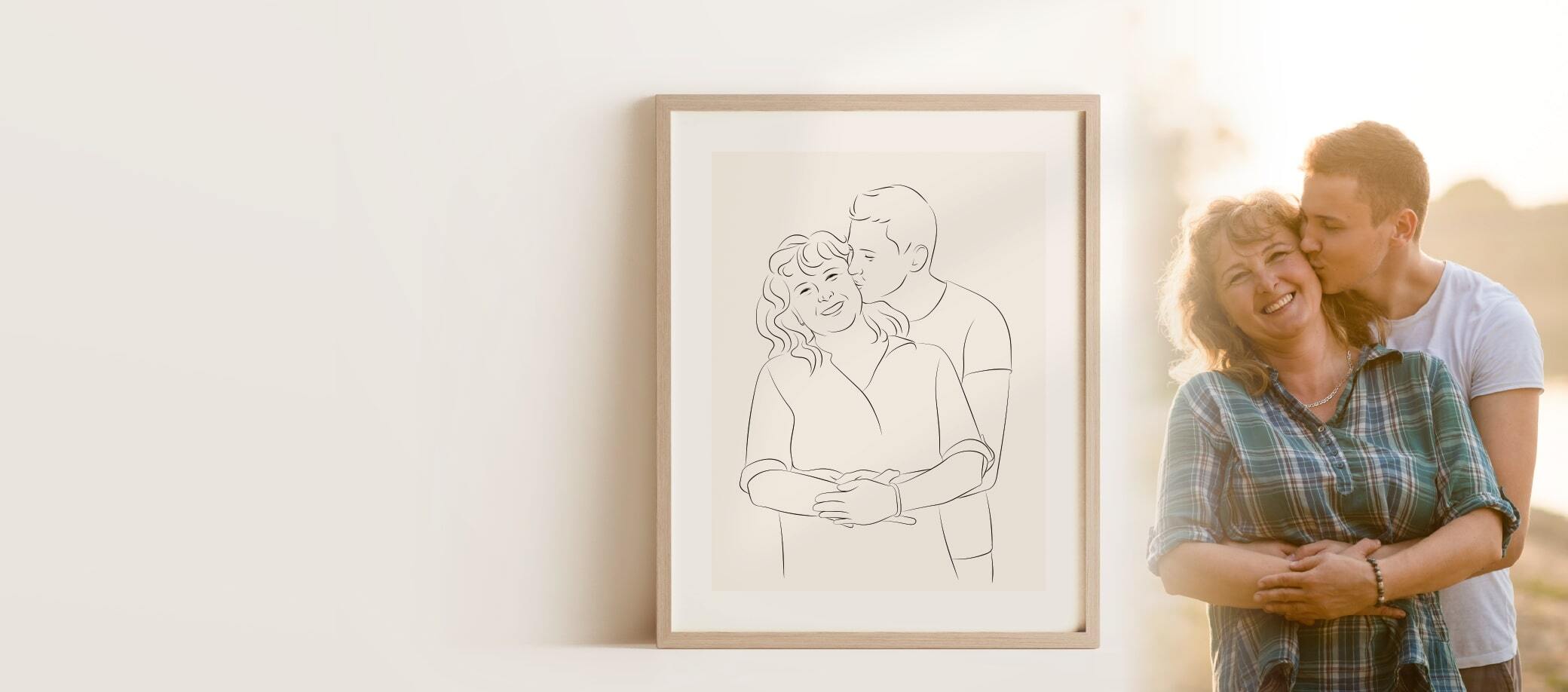 Drawing in Line Art of a smiling mother with her son