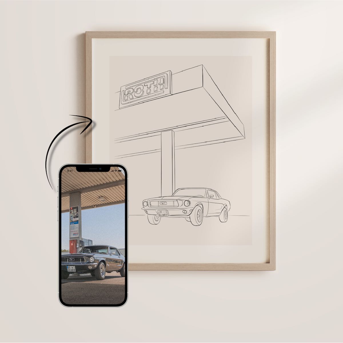 Gift for car lovers: Line Art drawing of an old Ford Mustang