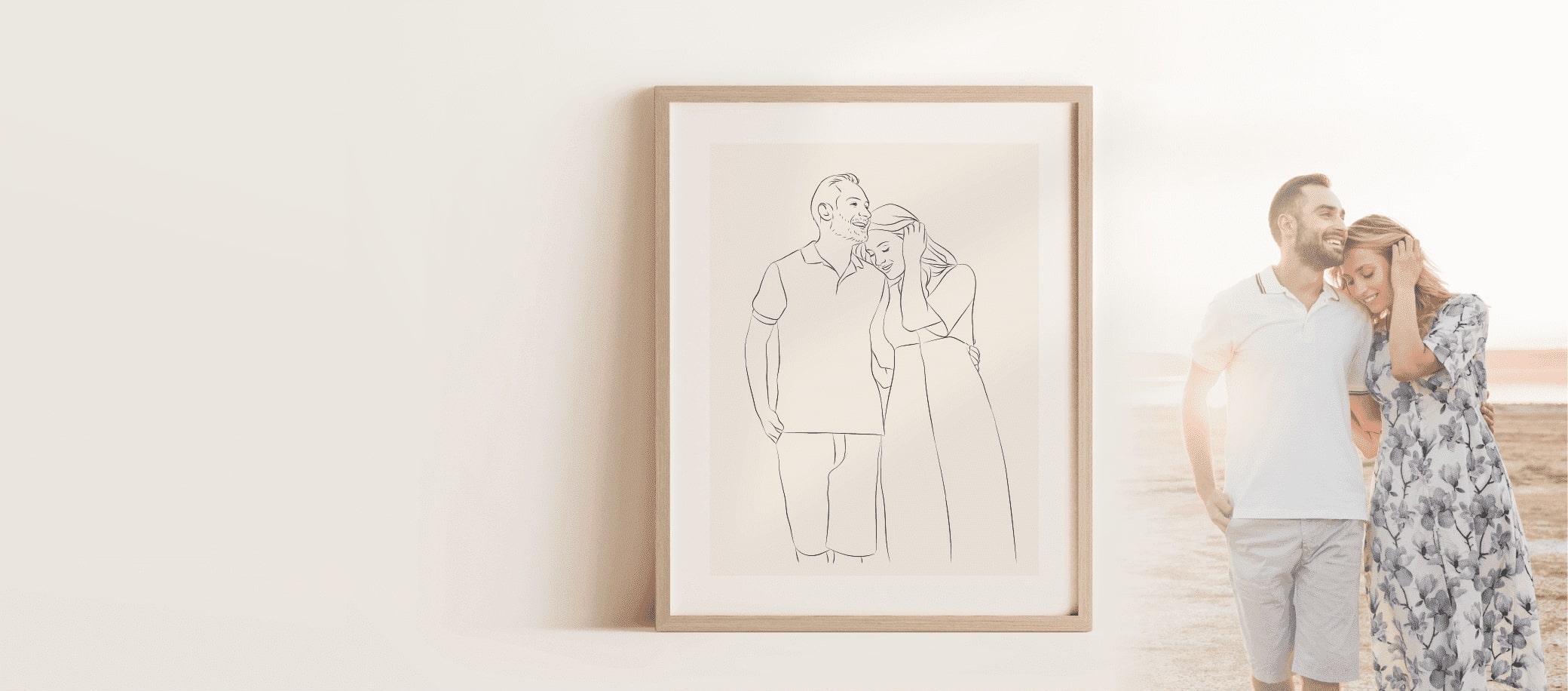 Photo of a young couple, drawn as Miroar Line Art and framed in an oak wood frame