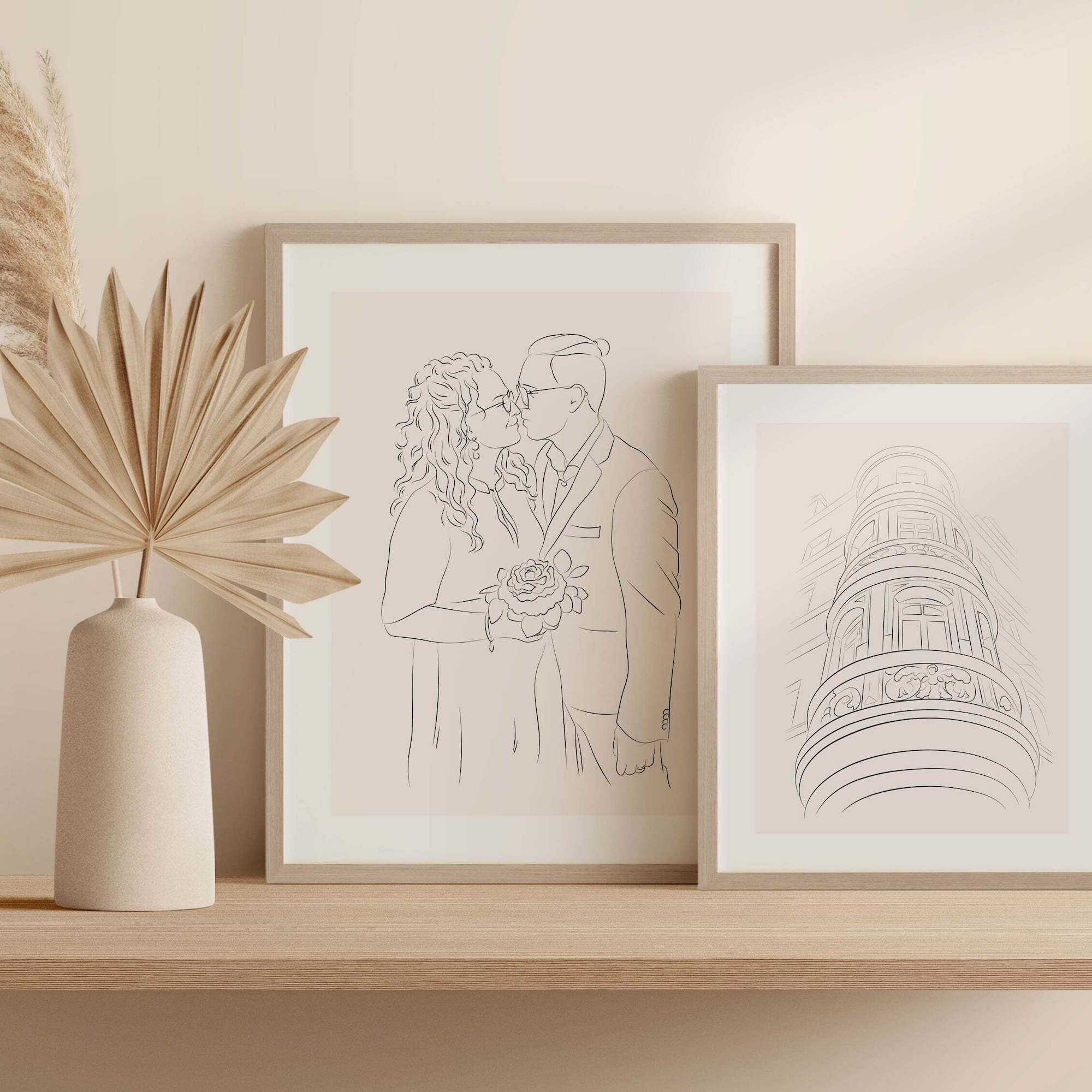 Drawing of a house facade in Line Art next to a couple illustration