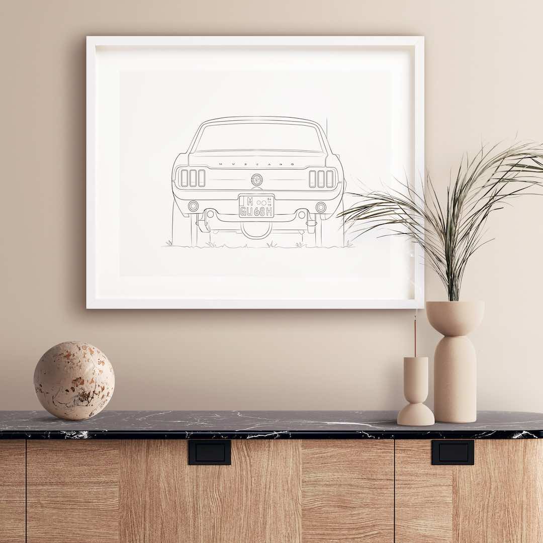 Rear view of a Ford Mustang in Line Art