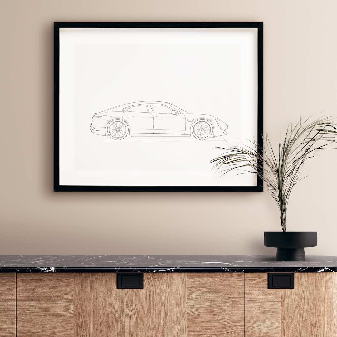 Line Art drawing of a Porsche Taycan in a side view