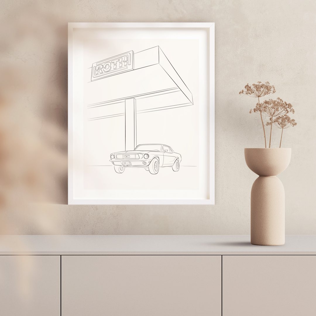 Line Art drawing of a Ford Mustang in a white frame on a wall above a dresser